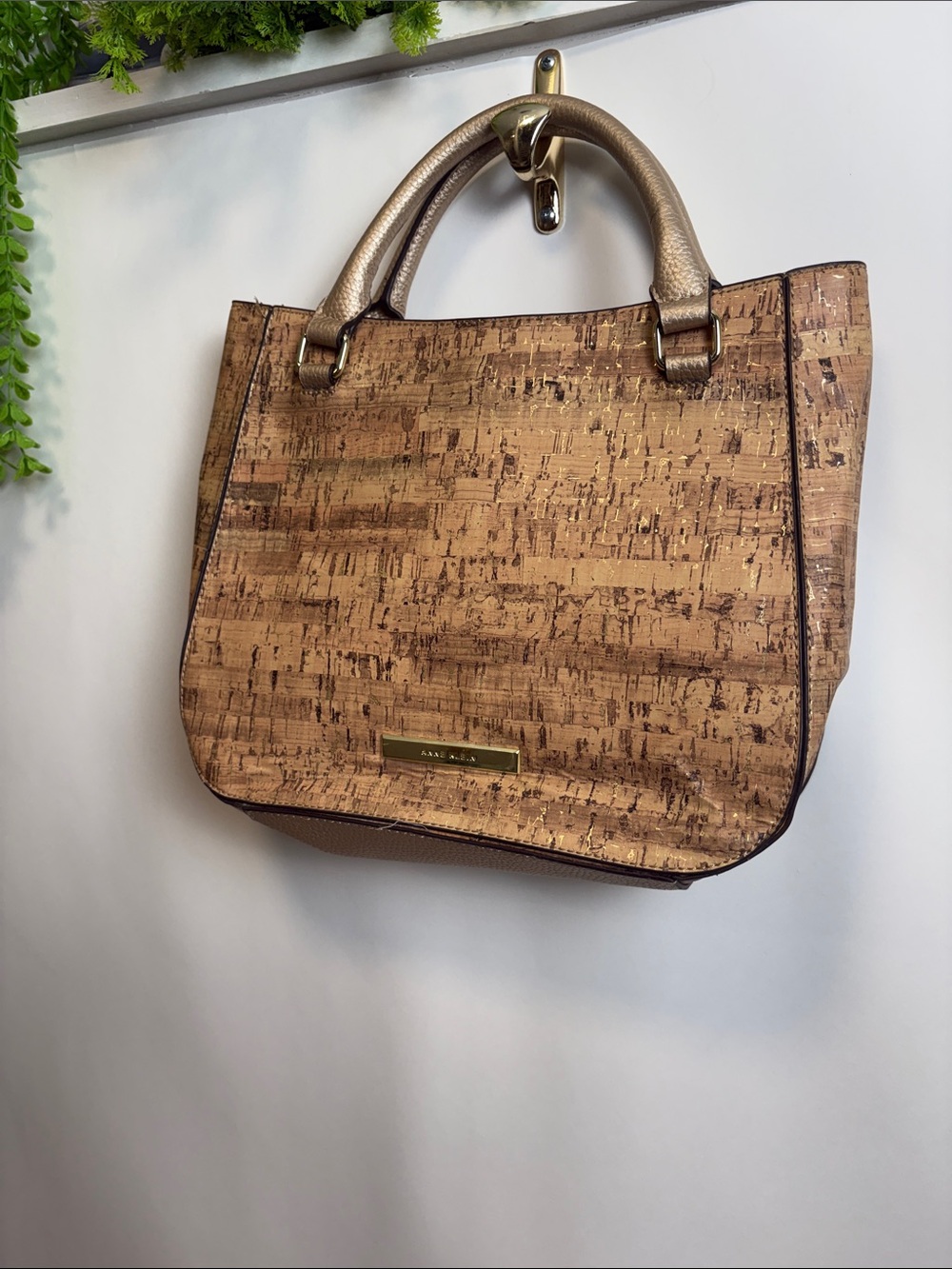 Anne Klein Cork-Pattern Tote with Metallic Gold Handles